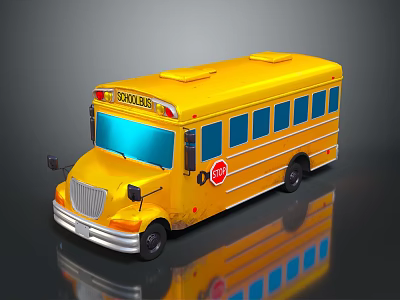 Yellow School Bus With Red Stop Sign Blue Windows And Shiny Reflection 3d model