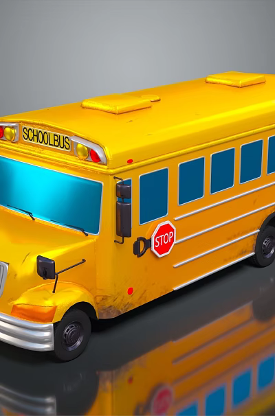 Yellow School Bus With Red Stop Sign Blue Windows And Shiny Reflection 3d model Yellow School Bus With Red Stop Sign Blue Windows And Shiny Reflection 3d model