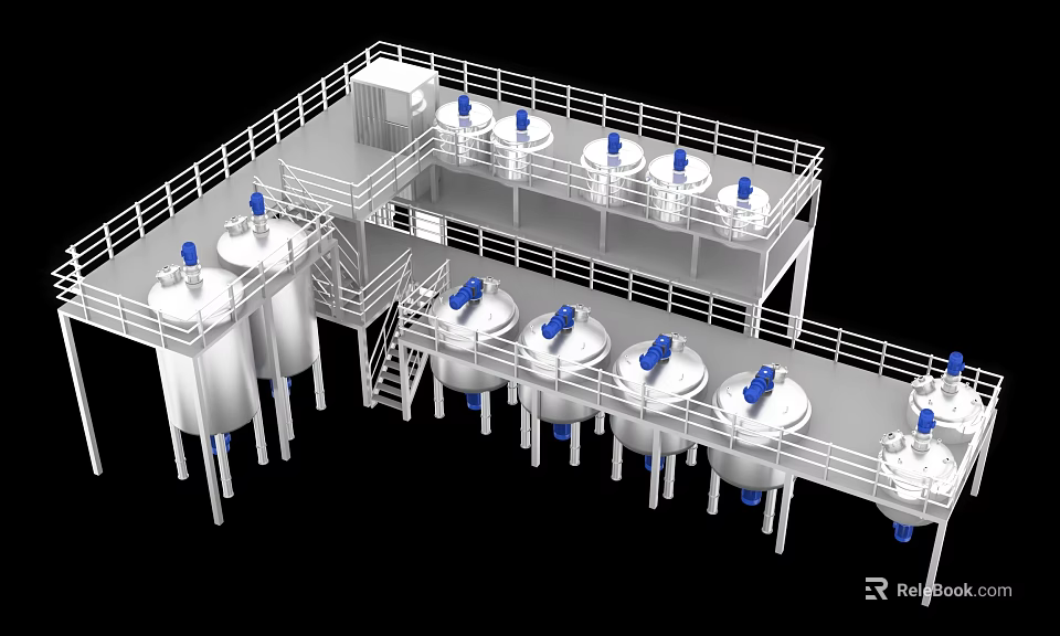 Industrial Equipment With Stainless Steel Tanks And Mixers On Multi Level Platforms With Railings 3d model 