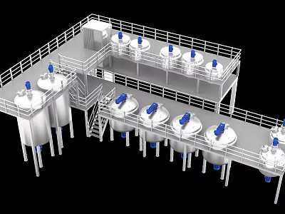 Industrial Equipment With Stainless Steel Tanks And Mixers On Multi Level Platforms With Railings 3d model