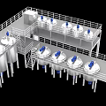 Industrial Equipment With Stainless Steel Tanks And Mixers On Multi Level Platforms With Railings