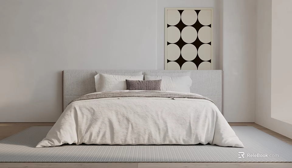 Minimalist Double Bed With Grey Upholstered Headboard White Bedding And Black White Circular Wall Art 3d model 