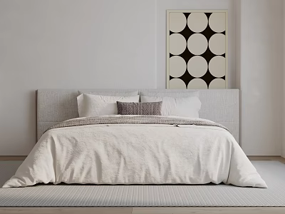 Minimalist Double Bed With Grey Upholstered Headboard White Bedding And Black White Circular Wall Art 3d model