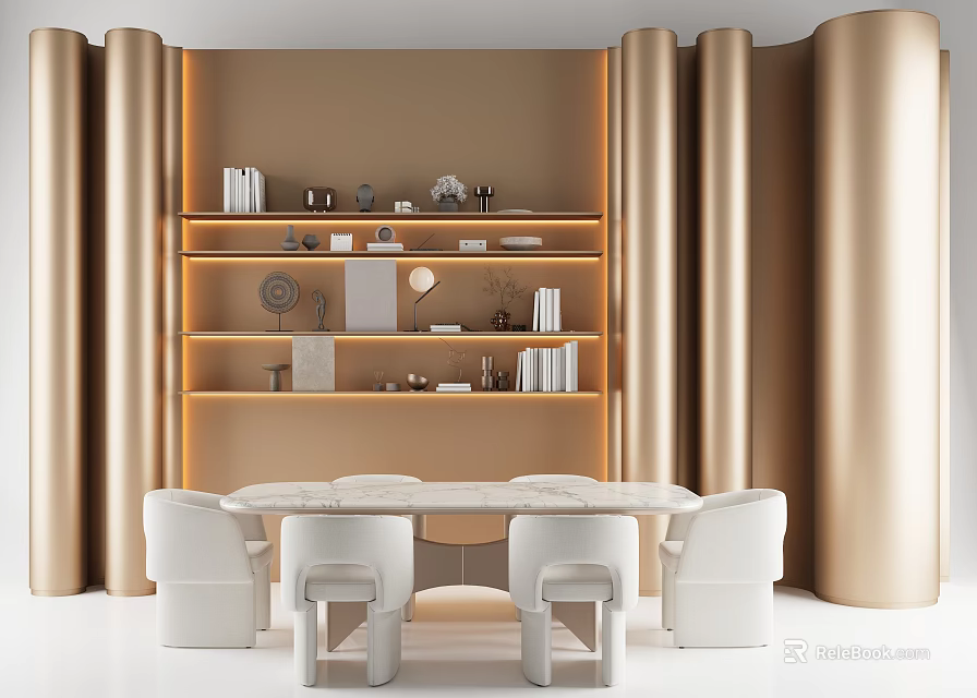 Round White Dining Table With White Chairs Against Gold Curved Wall Lit Shelves Books Decorations 3d model 