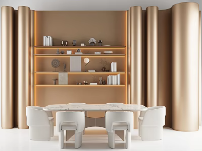 Round White Dining Table With White Chairs Against Gold Curved Wall Lit Shelves Books Decorations 3d model