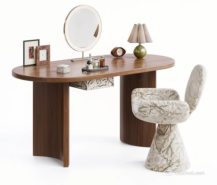 Modern Walnut Dressing Table With Round Mirror And Patterned Upholstered Makeup Chair For Cozy Bedroom 3d model 