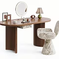 Modern Walnut Dressing Table With Round Mirror And Patterned Upholstered Makeup Chair For Cozy Bedroom