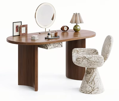 Modern Walnut Dressing Table With Round Mirror And Patterned Upholstered Makeup Chair For Cozy Bedroom 3d model