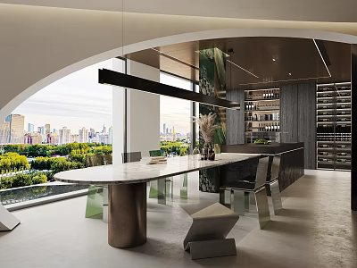 Modern Restaurant Interior With Large Windows City View Greenery Long Dining Table And Wine Racks 3d model