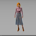 Woman With Orange Hair Wearing Pink Top Blue Pleated Skirt And Orange Boots