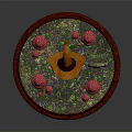 3D Wizard Character With Orange Hat Green Gem Staff And Red Mushrooms On Red Base