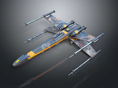 Futuristic Sci Fi Fighter Spaceship With Dark Gray And Orange Accents And Multiple Wings 3d model