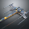 Futuristic Sci Fi Fighter Spaceship With Dark Gray And Orange Accents And Multiple Wings