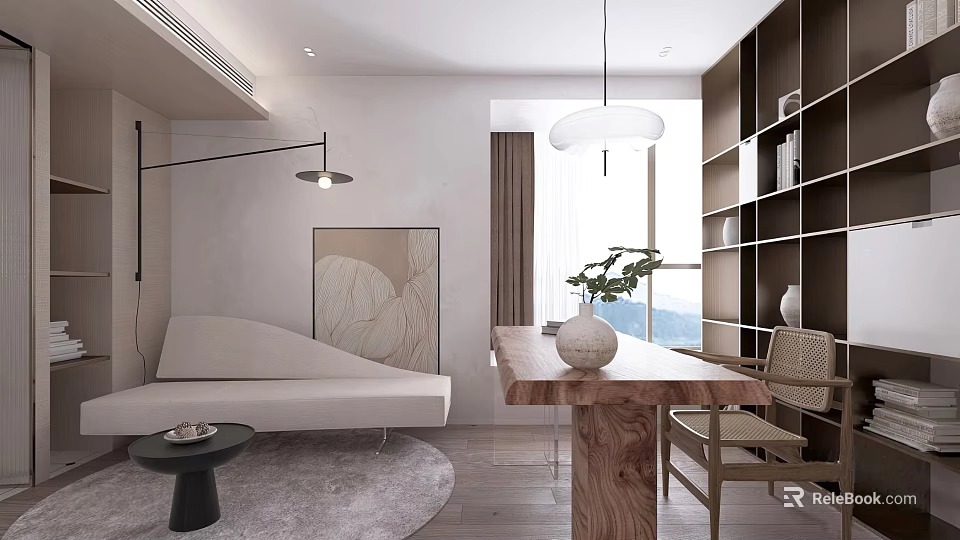 Modern Minimalist Living Room Interior With Natural Wood Furniture And Soft Warm Neutral Decor 3d model 