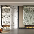 Luxurious Modern Marble Fireplace Interior With Burning Fire And Decorative Panels 3d model
