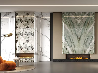 Luxurious Modern Marble Fireplace Interior With Burning Fire And Decorative Panels 3d model