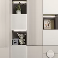 Modern Minimalist Wardrobe Interior With Striped Panels Open Shelves And Decorative Items
