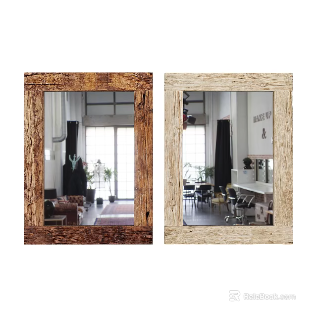 Rustic And Light Wood Frame Mirrors Reflecting Interior Living Spaces 3d model