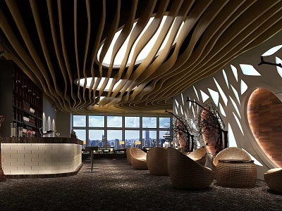 Modern Bar Interior With Curved Wooden Ceiling Warm Lighting Bar Counter And City View Windows 3d model