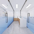 Hospital Outpatient Aseptic Storage Interior with White Tiled Walls Glass Door Blue Floor Wooden Cabinets