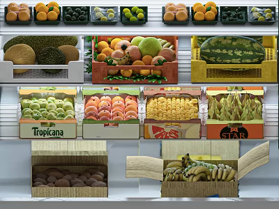 Fresh Assorted Fruits Displayed In Market Shelves With Tropicana Boxes And Crates 3d model