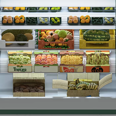 Fresh Assorted Fruits Displayed In Market Shelves With Tropicana Boxes And Crates 3d model