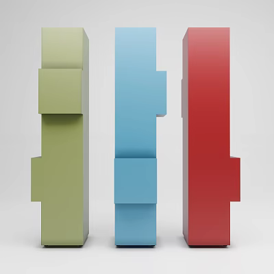 Modern Minimalist Vertical Decorative Cabinets in Green Blue Red with Geometric Block Design 3d model