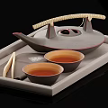 Traditional Tea Set with Bamboo Handle Teapot Two Tea Bowls and Wooden Tray