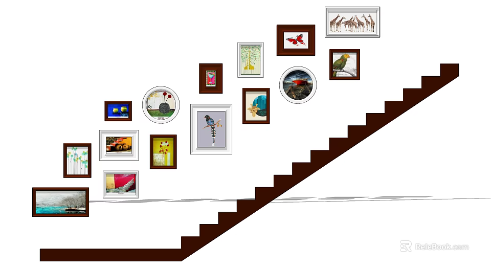 Staircase Decorative Photo Wall With Different Shaped Frames And Colorful Art Prints 3d model 
