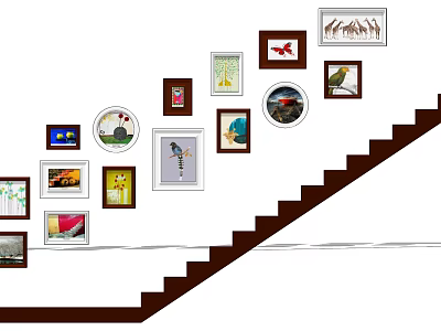 Staircase Decorative Photo Wall With Different Shaped Frames And Colorful Art Prints 3d model