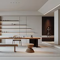 Modern Tea Room Interior Design With Wooden Long Table And Wall Shelves Plus Floor Lamp