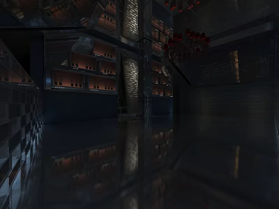 Modern Bar Interior With Wine Racks Hanging Lights And Reflective Floor 3d model