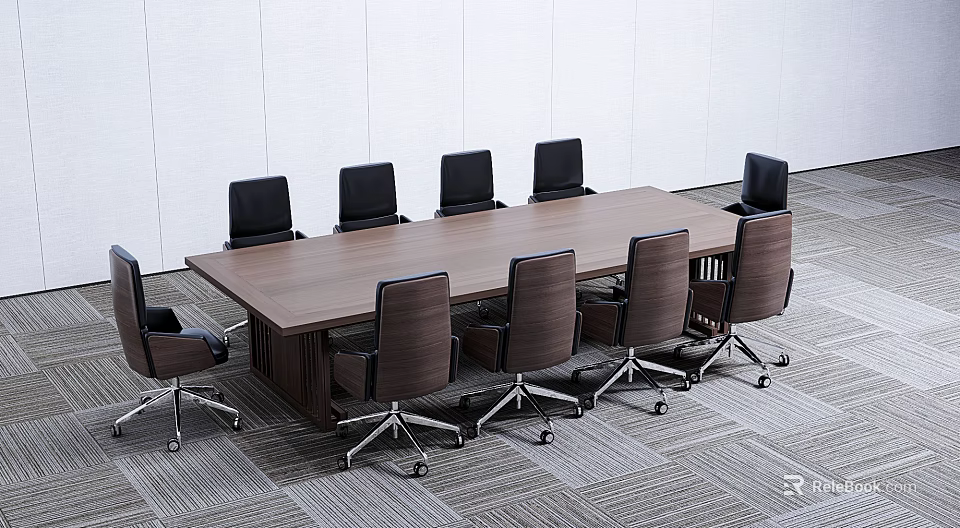 Wooden Conference Table With Black Wheeled Office Chairs In Modern Meeting Room 3d model 