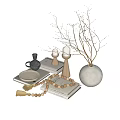 Decorative Ornament Set with Gray Vase Dried Branches Wooden Beads Tassels and White Candles