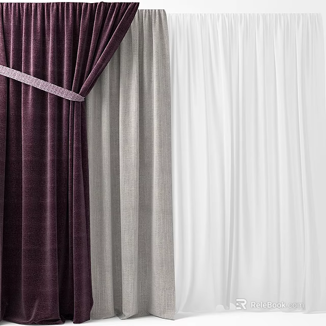 Elegant Deep Purple Gray And White Textured Curtains Hanging For Home Interior 3d model 
