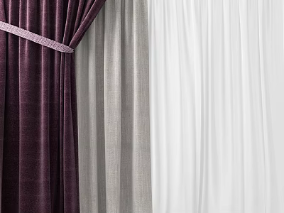 Elegant Deep Purple Gray And White Textured Curtains Hanging For Home Interior 3d model