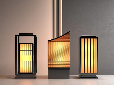 Modern Outdoor Lights With Black Frame Bamboo Texture Warm Glow For Garden Decor 3d model