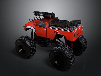 Red Monster Truck with Large Tires and Weapon on the Roof 3d model