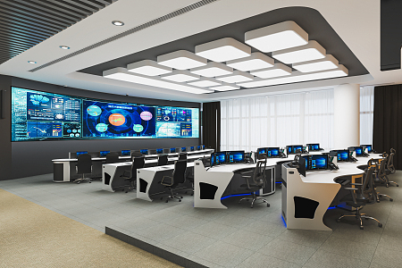 Modern monitoring room Command control room Dispatching command center Monitoring hall Command hall Office desks and chairs 3d model