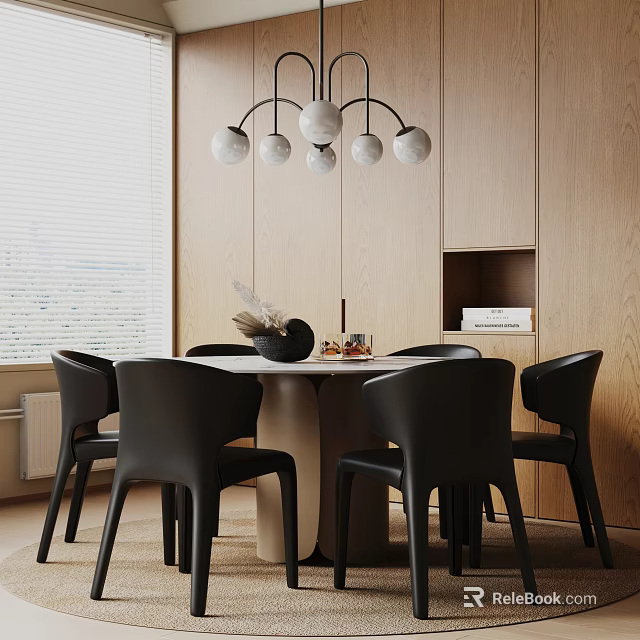 Modern Dining Table Set With Black Chairs White Globe Chandelier And Wooden Wall Panels 3d model 