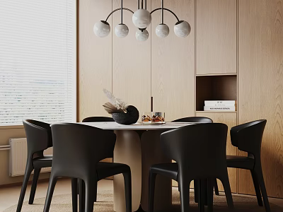 Modern Dining Table Set With Black Chairs White Globe Chandelier And Wooden Wall Panels 3d model