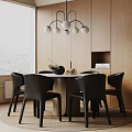 Modern Dining Table Set With Black Chairs White Globe Chandelier And Wooden Wall Panels