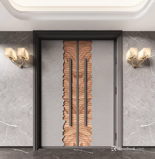 Elegant Double Doors Design With Wooden Inlay And Marble Walls And Brass Wall Sconces 3d model 