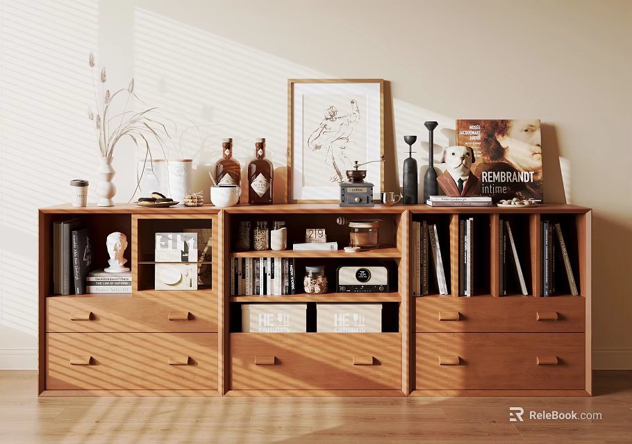 Wooden Hallway Cabinet and Sideboard with Decorative Vases Books Picture Frame and Storage Drawers 3d model 