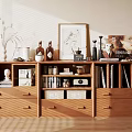 Wooden Hallway Cabinet and Sideboard with Decorative Vases Books Picture Frame and Storage Drawers