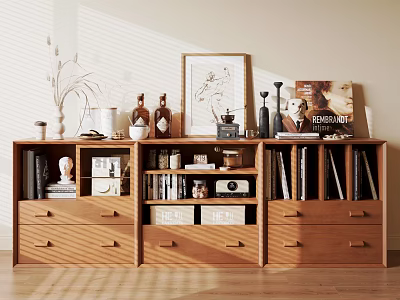 Wooden Hallway Cabinet and Sideboard with Decorative Vases Books Picture Frame and Storage Drawers 3d model