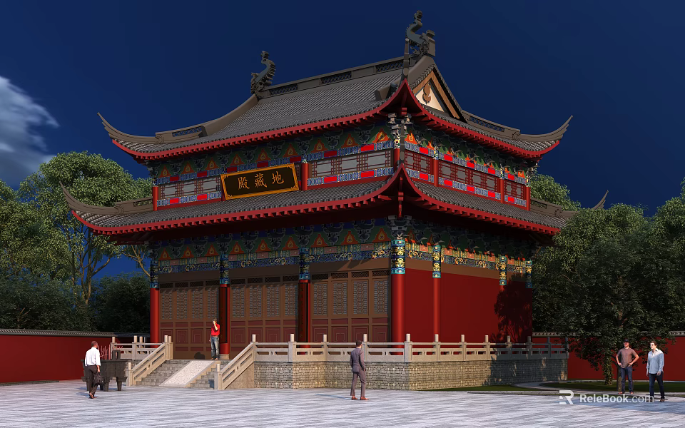 Ancient Chinese Architecture With Red Walls Tiered Eaves Decorative Roof And Stone Steps 3d model 