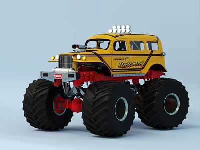 Yellow Ultimate Monster Truck With Large Tires And Roof Lights Design 3d model