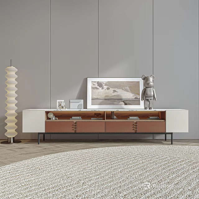 Modern TV Stand Featuring White And Brown Finish Drawers Open Compartments And Decorative Accents 3d model 