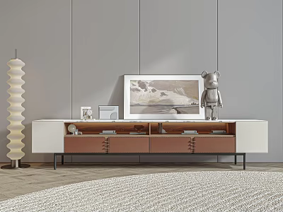 Modern TV Stand Featuring White And Brown Finish Drawers Open Compartments And Decorative Accents 3d model